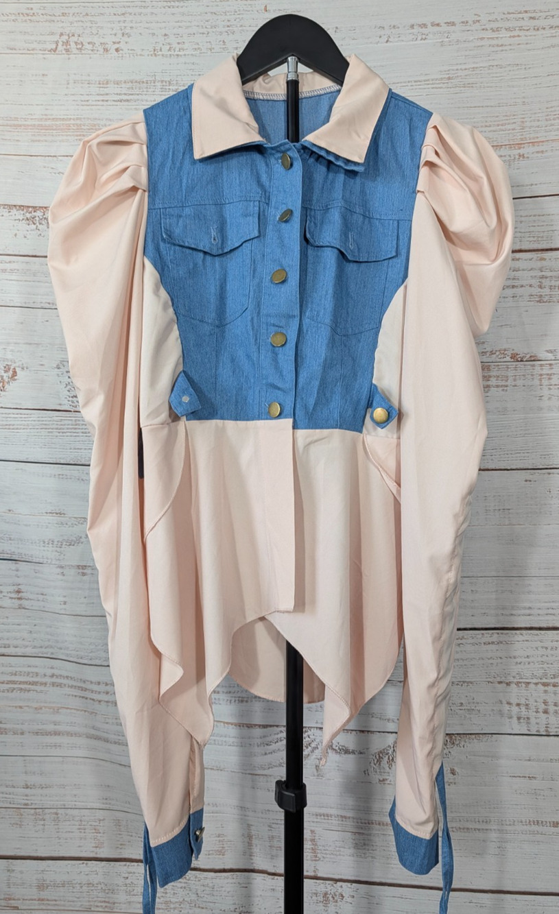 Denim Corset Pink Puff Sleeve Blouse Medium Statement High Low Asymmetric Top